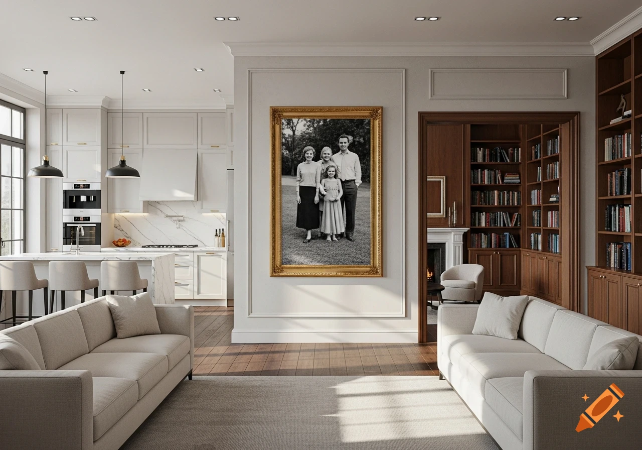 A luxurious open-plan living room and kitchen featuring a large framed family photo and a built-in wooden library.