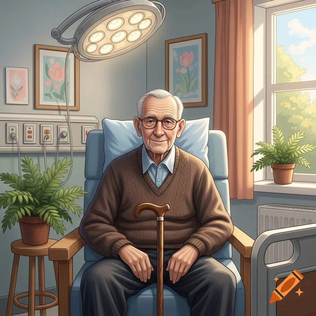 An illustrated elderly man with glasses, wearing a brown sweater and holding a cane, sits in a hospital room.