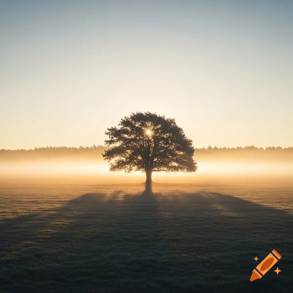 A single silhouetted tree stands in a misty field at sunrise, with golden light rays breaking through fog.