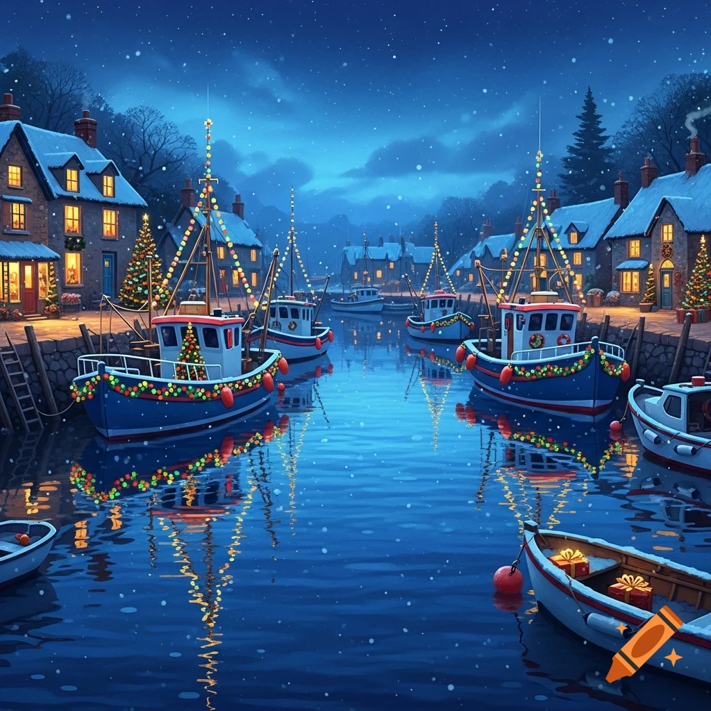 Illustrated scene of a snowy Christmas harbor at night with festive fishing boats adorned with lights and wreaths, reflecting in the water.