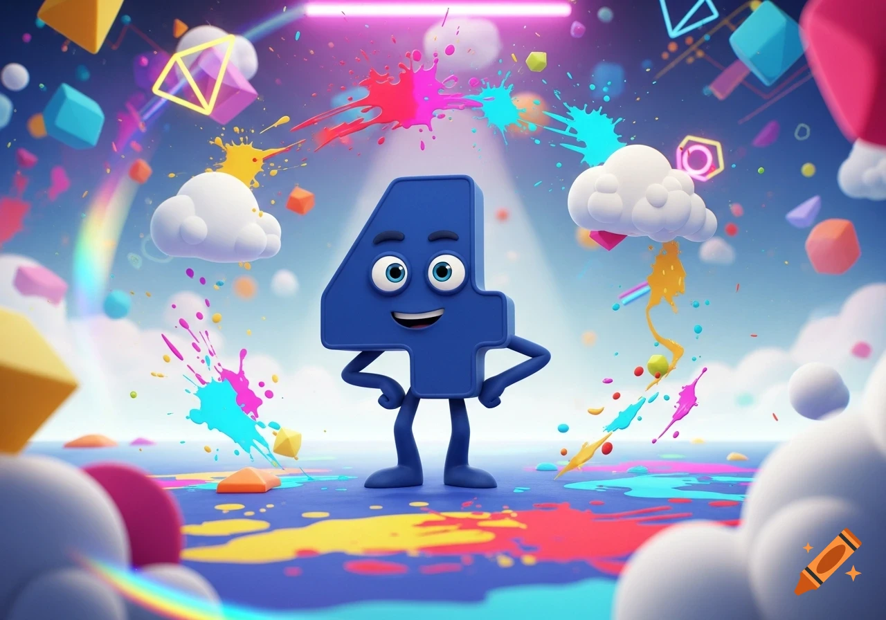 Cheerful blue cartoon number 4 character smiles amidst vibrant paint splatters, geometric shapes, and clouds.