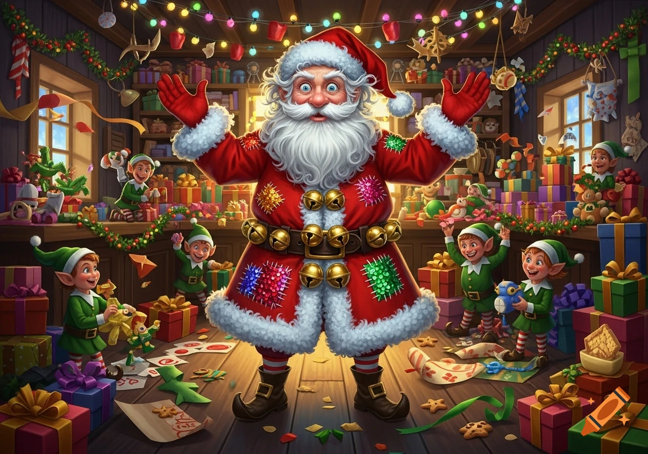 Santa Claus with a beard and a red suit stands with arms wide in a vibrant, gift-filled workshop, surrounded by busy elves.