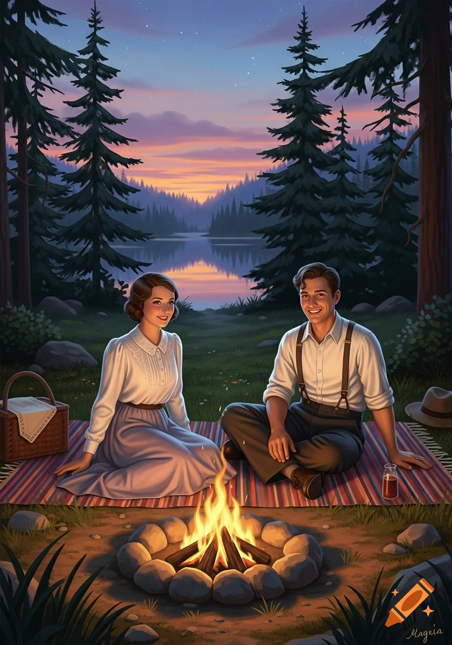 An illustrated couple from the 1930s sitting by a campfire in a forest next to a lake at sunset.