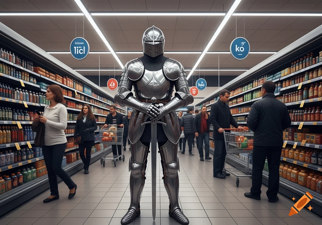 A knight in full armor stands centrally in a busy supermarket aisle, surrounded by shoppers and shelves of products.