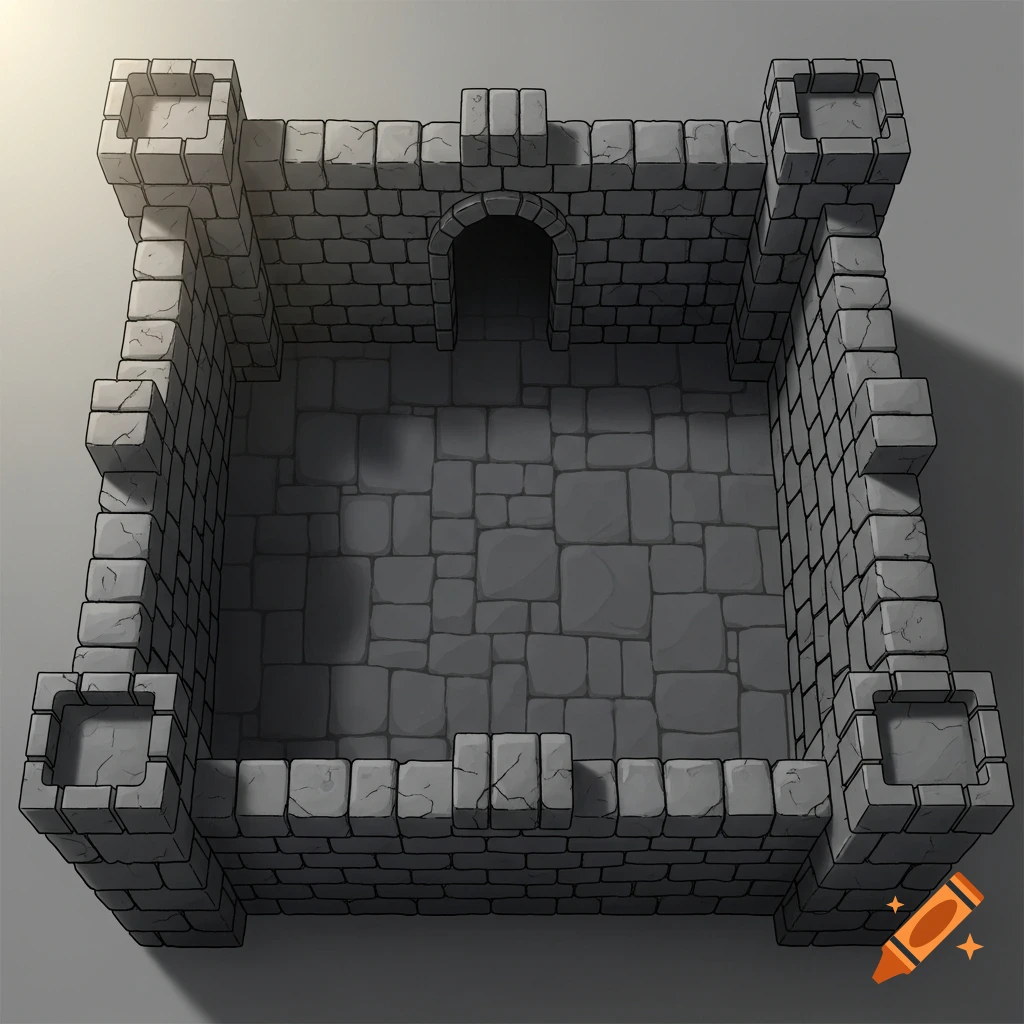 Top-down view of a gray stone dungeon room with thick walls, corner turrets, and an arched doorway, in a classic fantasy RPG illustration style.