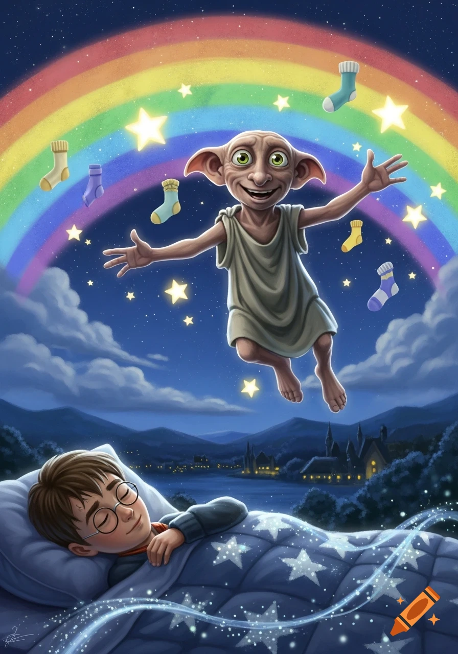 Dobby the house-elf flies under a rainbow with glowing socks while Harry Potter sleeps, Hogwarts in the background at night, children's illustration.