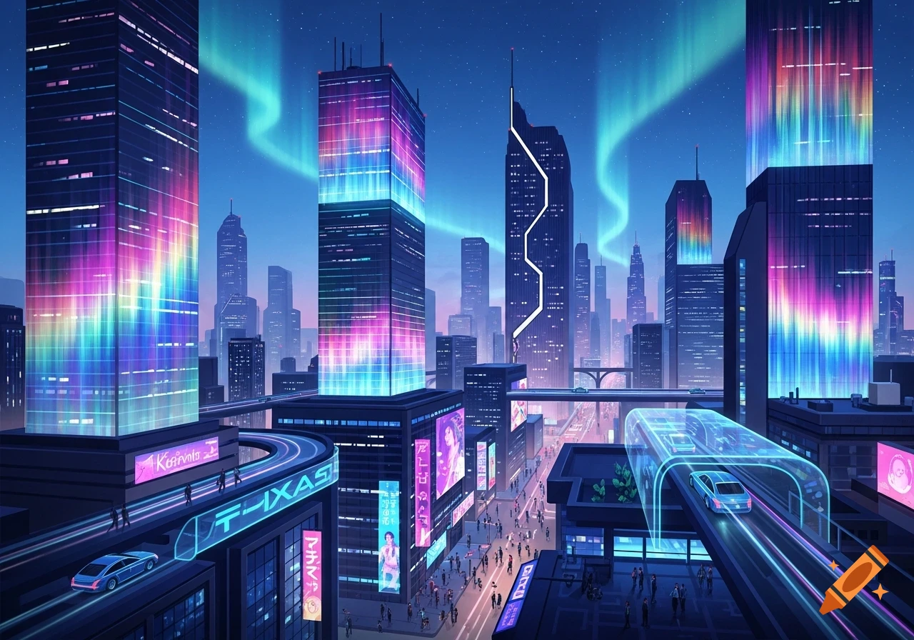 A vibrant futuristic city at night with towering skyscrapers adorned with neon lights, elevated highways with cars, and an aurora borealis in the sky.