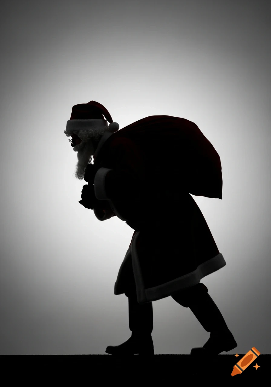 A silhouette of Santa Claus in profile, slightly bent and creeping, carrying a sack against a neutral background.