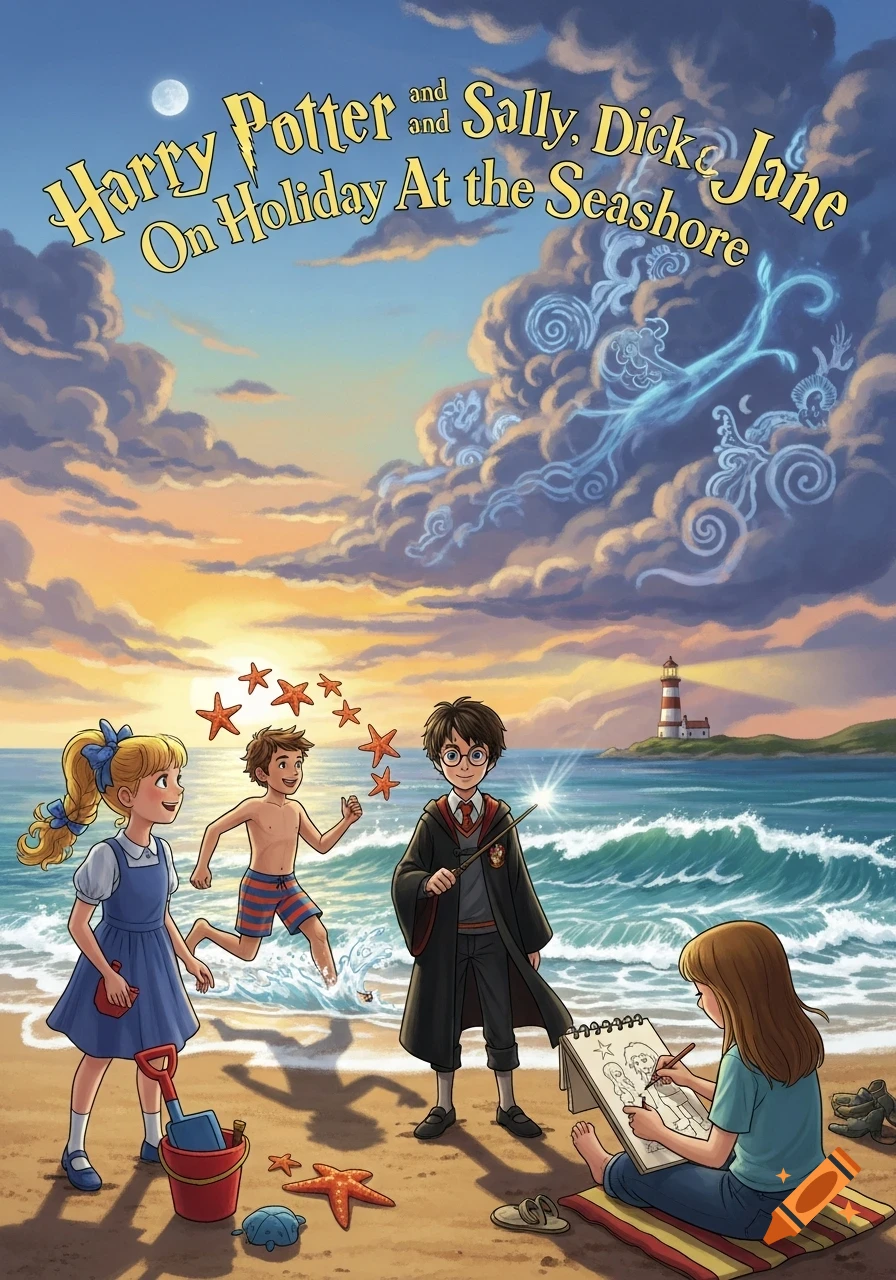 Illustrated book cover showing Harry Potter, a girl, and a boy playing on a sunny beach with starfish, a lighthouse, and glowing cloud spirits.