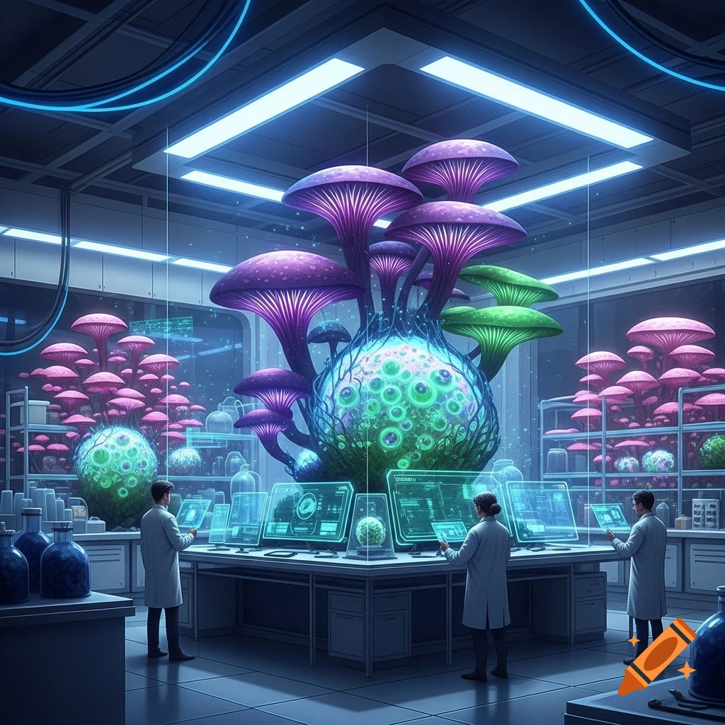 Scientists in a futuristic lab study giant glowing purple and green mushrooms, interacting with holographic screens.