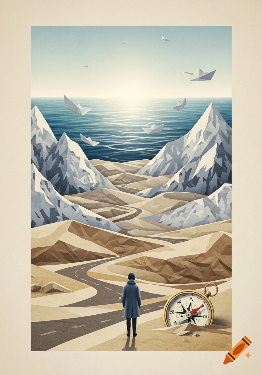 An artistic collage illustration featuring a solitary figure gazing at a sea of paper boats, surrounded by paper mountains and a desert road leading to a compass.