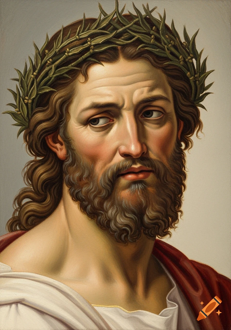 A classical-inspired oil painting portrait of a bearded man with long curly hair wearing a laurel wreath and a white toga, looking subtly disappointed.