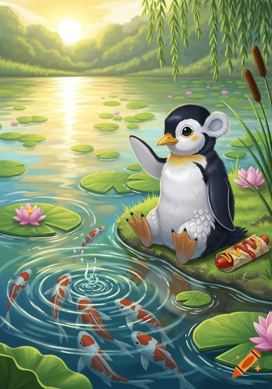 A cute, cartoon half-kappa, half-penguin creature sits by a pond, waving at koi fish and eating a hot dog.