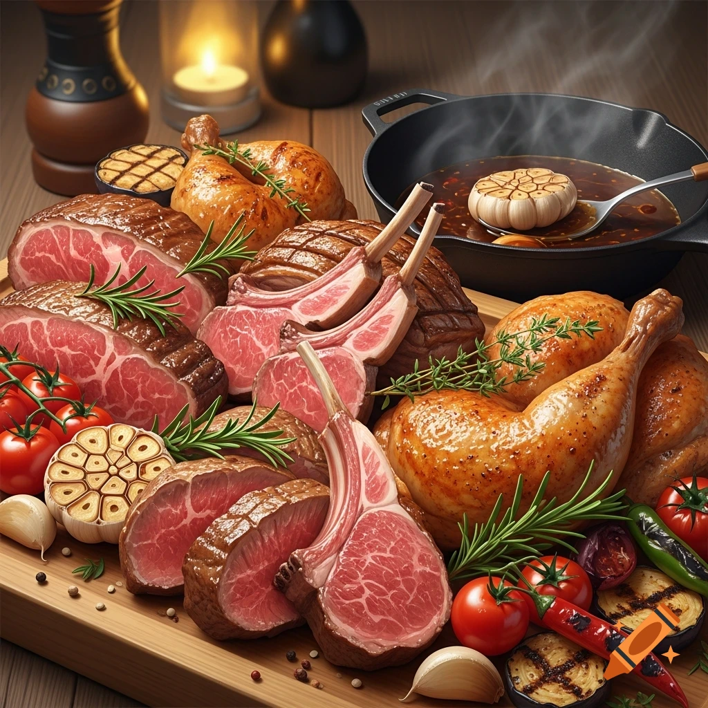 A photorealistic platter featuring raw steaks, lamb chops, roasted chicken legs, garlic, tomatoes, and grilled vegetables.