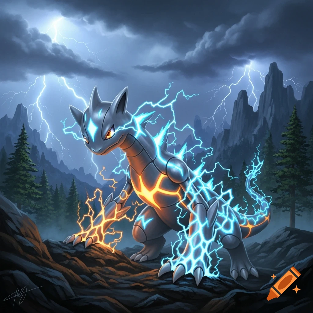 A gray, armored reptilian creature with glowing orange and blue electricity stands on rocks during a lightning storm in a mountainous landscape.