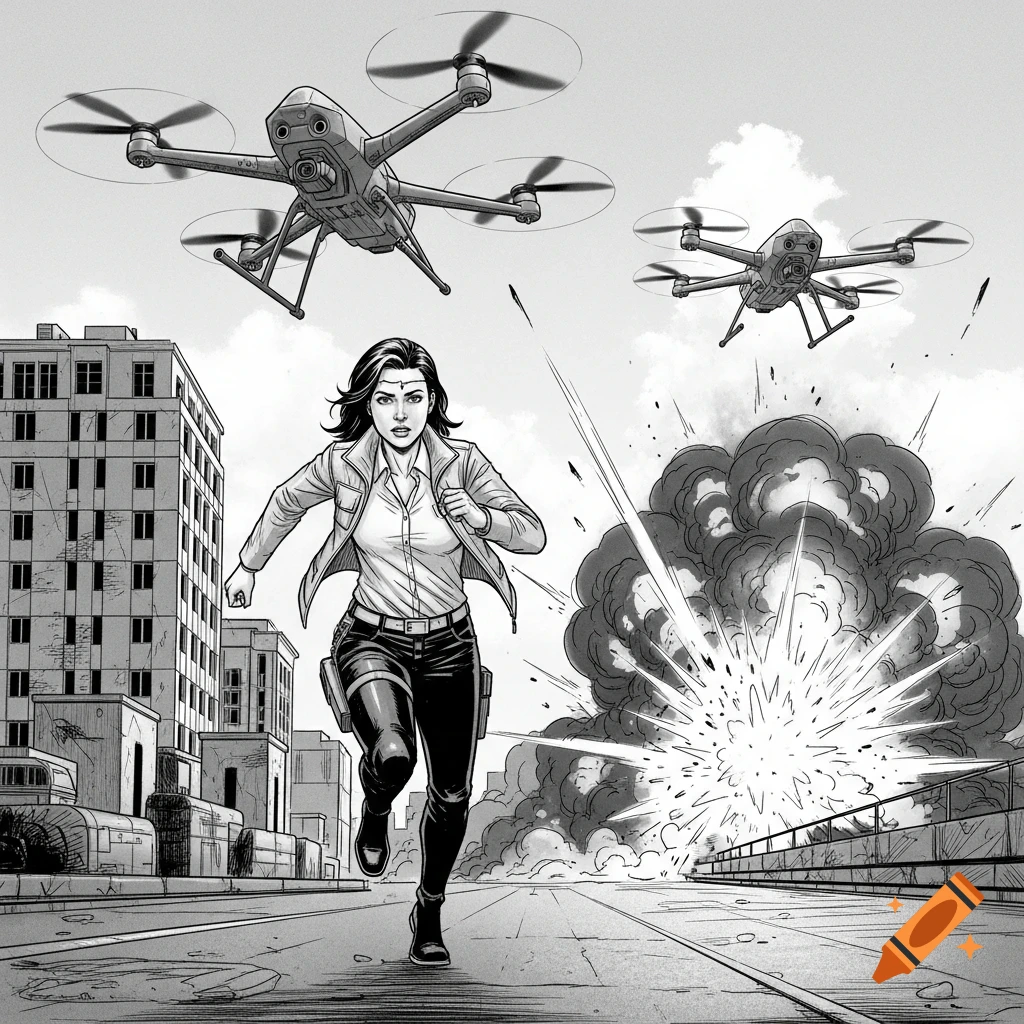 A black and white comic book drawing of a woman running from an explosion with two drones flying overhead in a city.