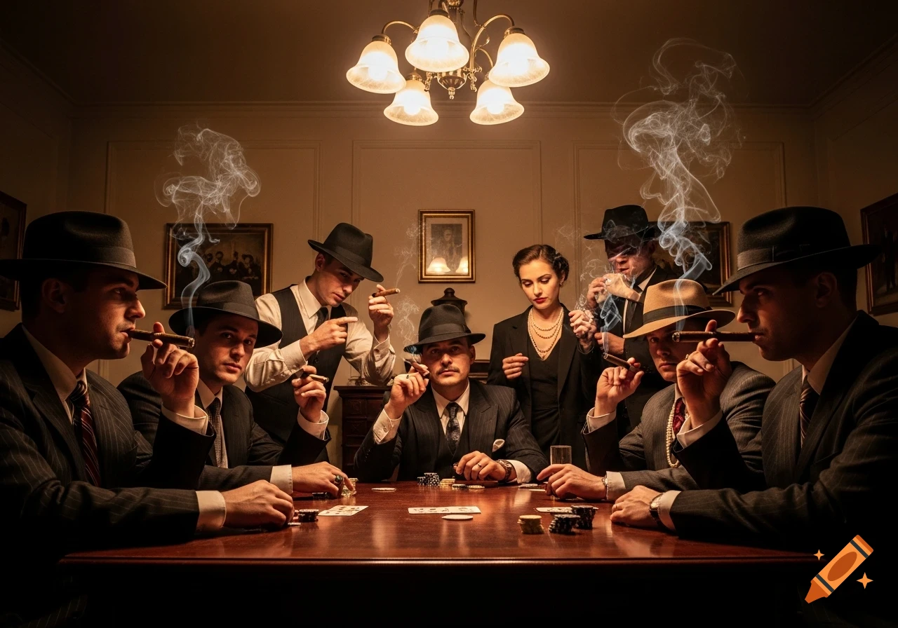A group of elegantly dressed people in a dimly lit room playing poker, smoking cigars and drinking.