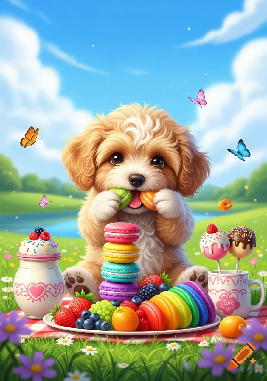 A fluffy brown puppy joyfully eats green and orange macarons in a vibrant grassy field with colorful sweets and butterflies.