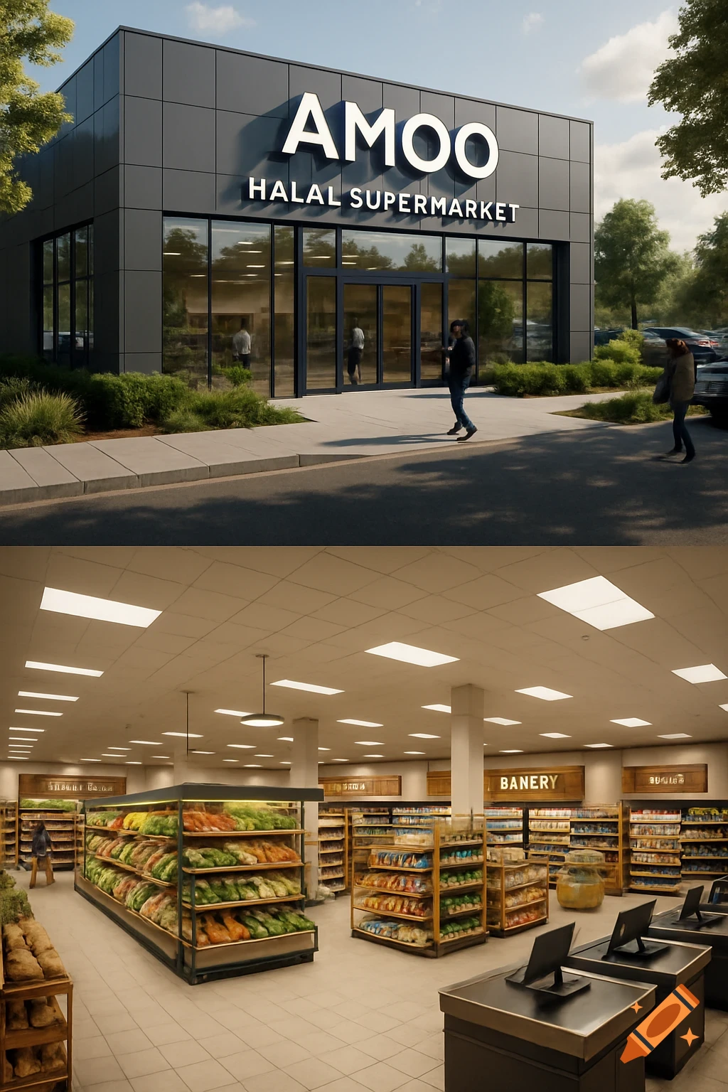 Photorealistic 3D architectural visualization of a modern halal supermarket, showing its sleek glass facade with 'AMOO HALAL SUPERMARKET' signage, and a spacious interior with organized shelves and checkout counters.