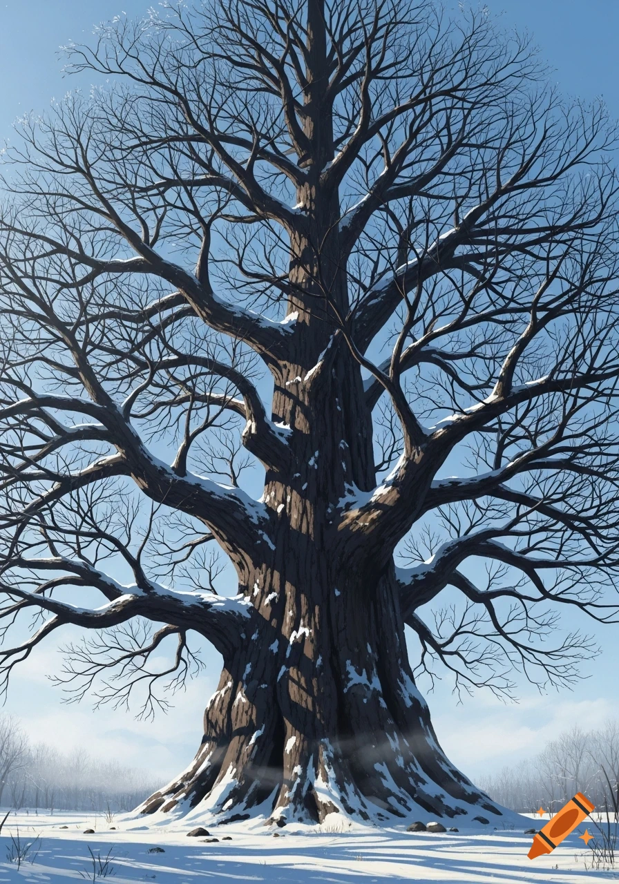 A large, leafless tree stands in a snowy winter landscape against a clear blue sky, illustrated.