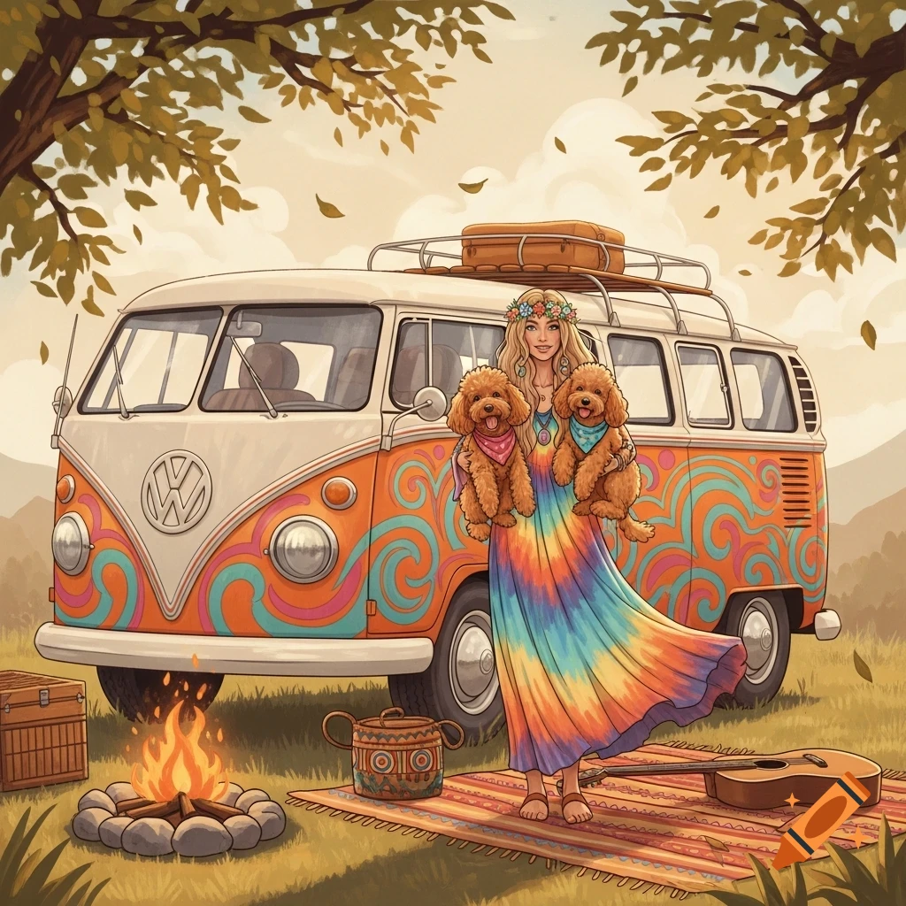 Illustrative scene of a hippie woman with two poodles beside a colorful VW campervan, a campfire, and a guitar in a grassy field.