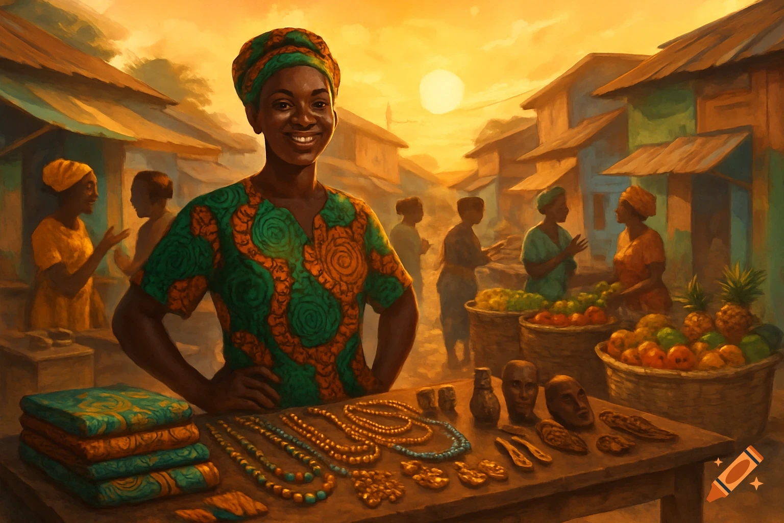 A smiling Black woman in colorful attire stands at her market stall, selling fabrics, jewelry, and fruits in a vibrant African village at sunset. Painterly style.