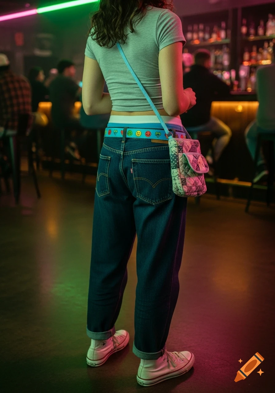 Young woman from behind in a bar, wearing a gray t-shirt, low-rise jeans with an emoji belt, and white sneakers, with neon lighting.