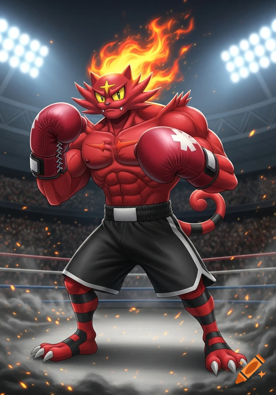 A muscular red Incineroar Pokémon with a fiery head, wearing maroon boxing gloves and black shorts, stands in a boxing ring.
