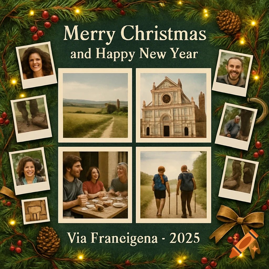 A Christmas postcard collage with photos from the Via Francigena, framed by evergreen garland, berries, and lights.