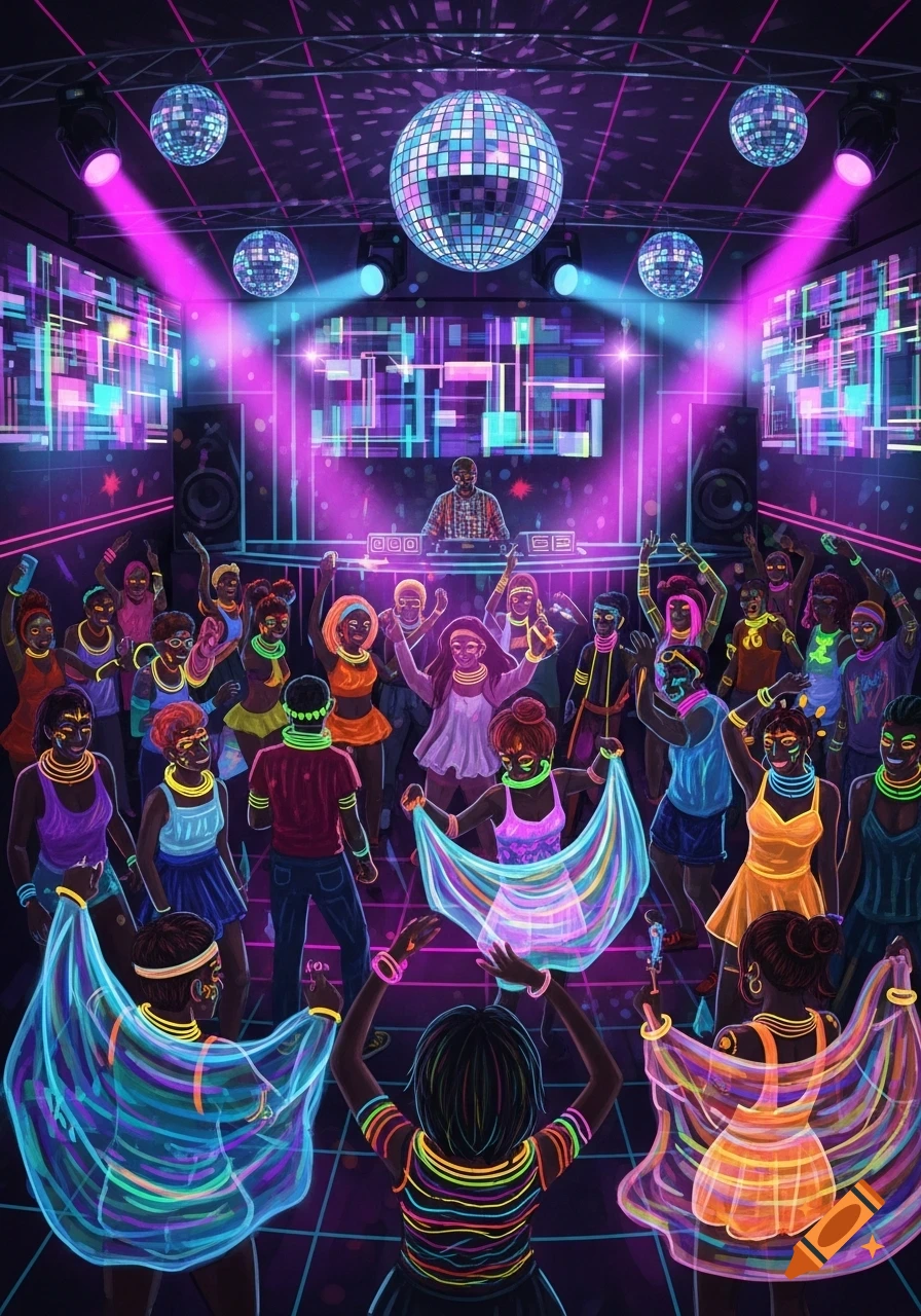 Vibrant illustration of a glow party with a DJ and a diverse crowd dancing under disco balls and neon lights.