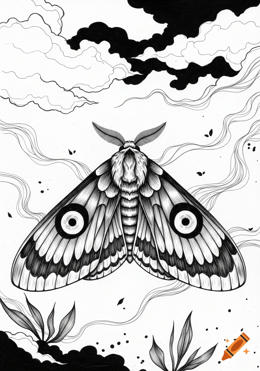 Black and white pen and ink drawing of a moth with patterned wings, fuzzy body, and feathery antennae, surrounded by stylized clouds and foliage.