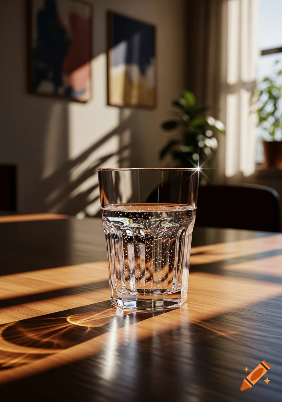 A clear glass of sparkling water sits on a wooden table, illuminated by sunlight casting intricate shadows, in a photorealistic style.