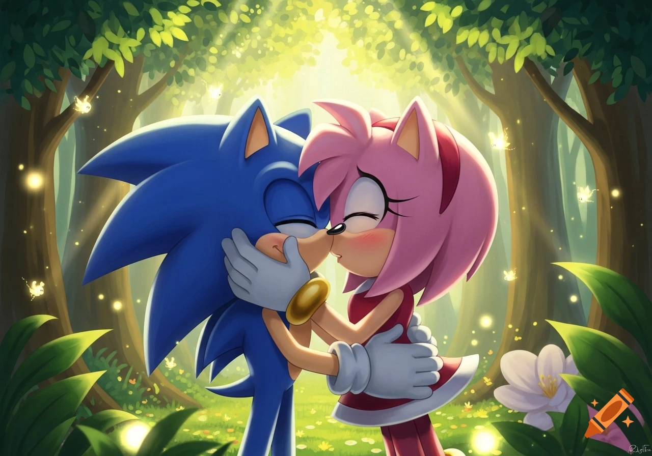 Cartoon Sonic the Hedgehog and Amy Rose kissing in a sunny, enchanted forest with fireflies.
