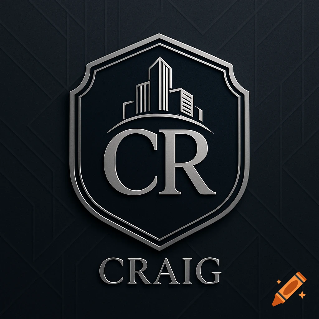 A silver badge logo with the letters CR above stylized buildings and the name CRAIG below, on a dark textured background.