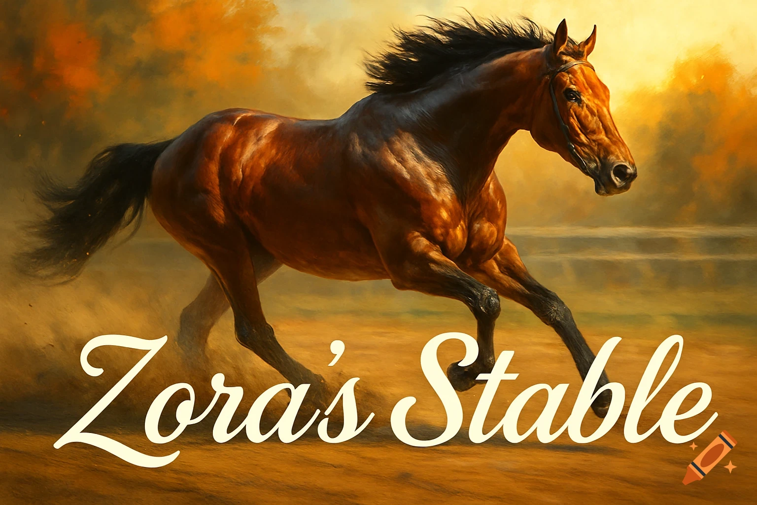 A brown horse with a black mane gallops through a dusty, golden landscape, with 'Zora's Stable' text. Painterly style.