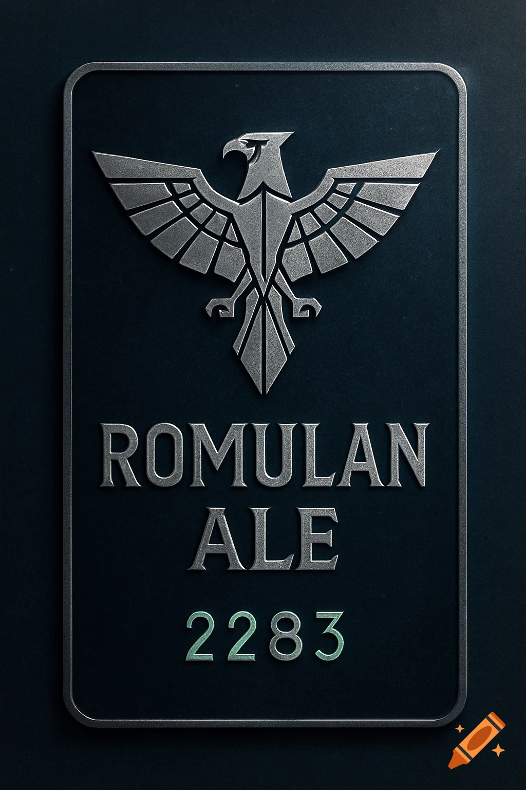 Metallic plaque featuring a stylized silver eagle emblem above 'ROMULAN ALE' and '2283' on a dark background.