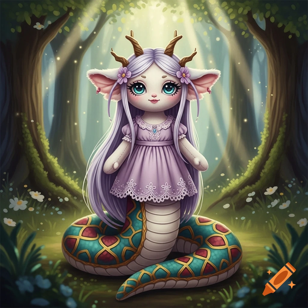 A cute, lavender lamia plush toy with antlers and a teal and gold snake tail sits in a magical, sunlit forest.