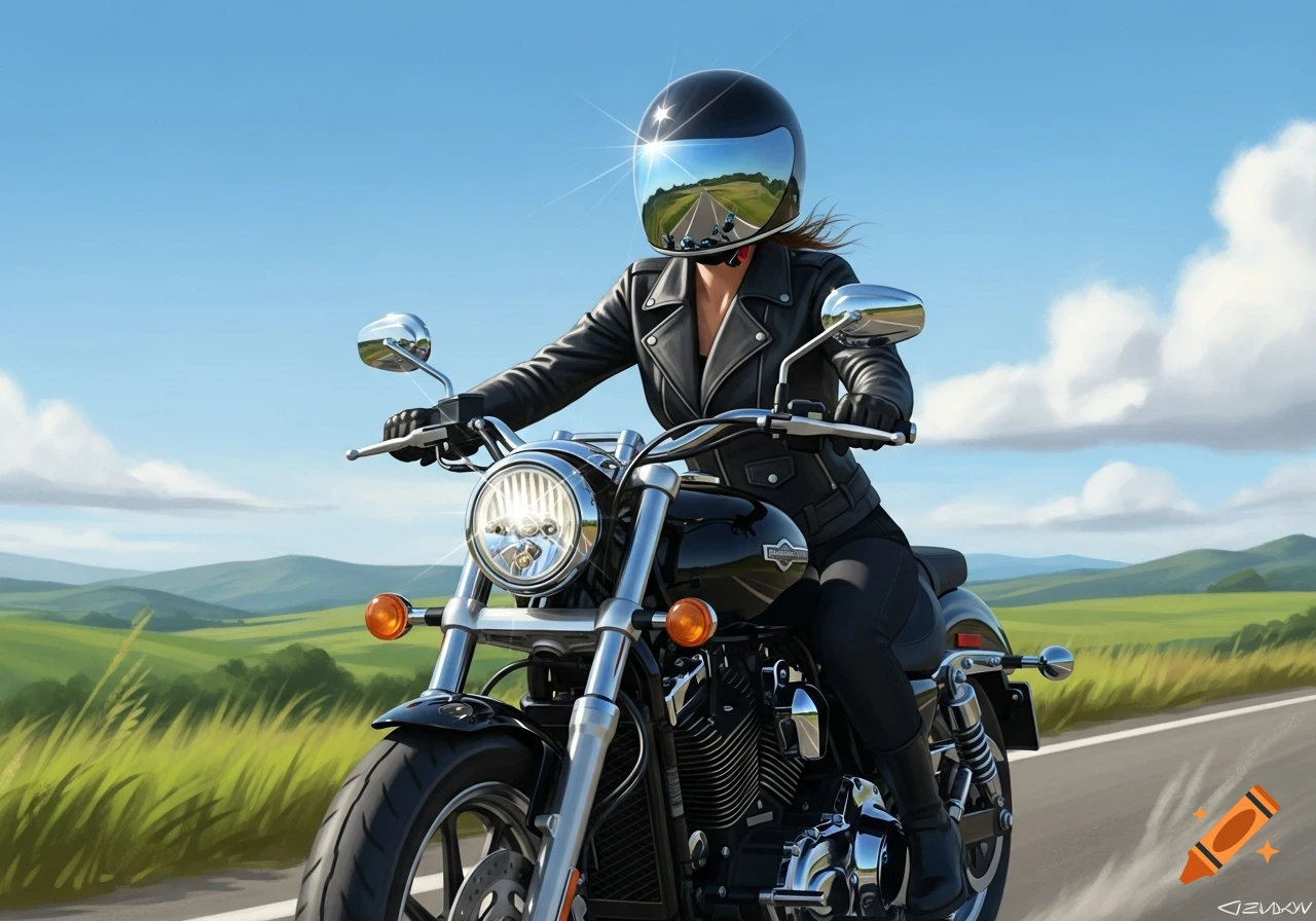 A person in a black leather jacket and helmet rides a black motorcycle on a country road with green hills under a blue sky.