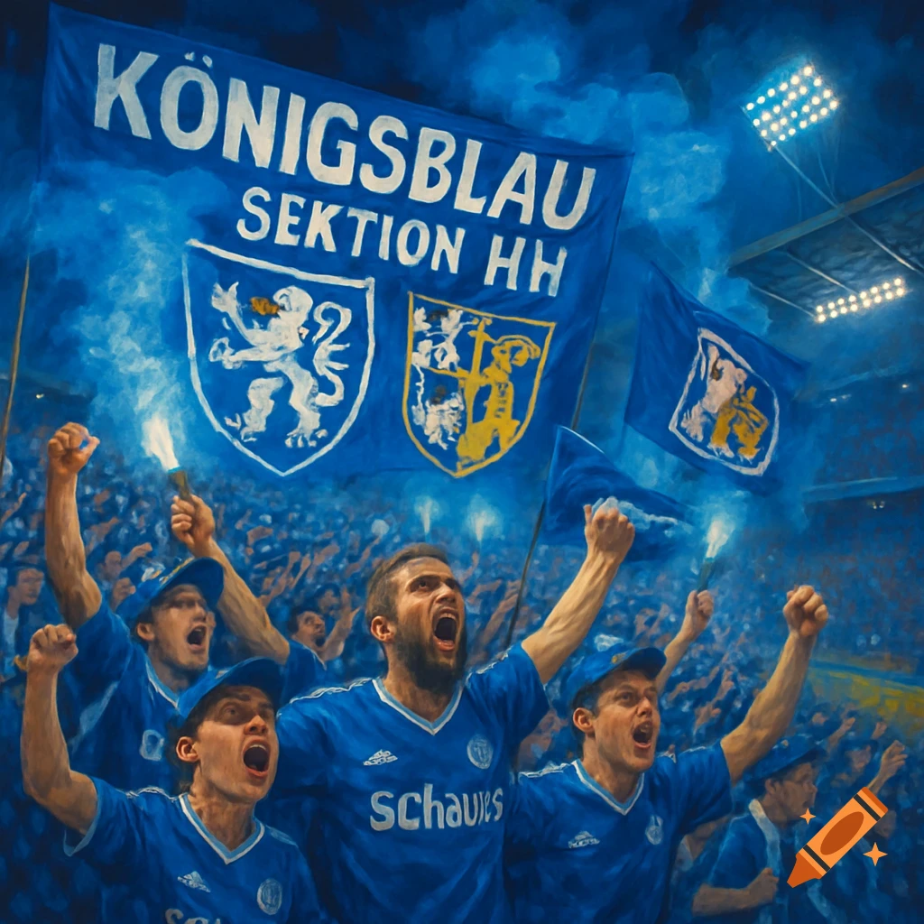 Excited football fans in blue jerseys cheer with arms raised, holding banners that read "KÖNIGSBLAU SEKTION HH" and flares in a stadium filled with blue smoke.