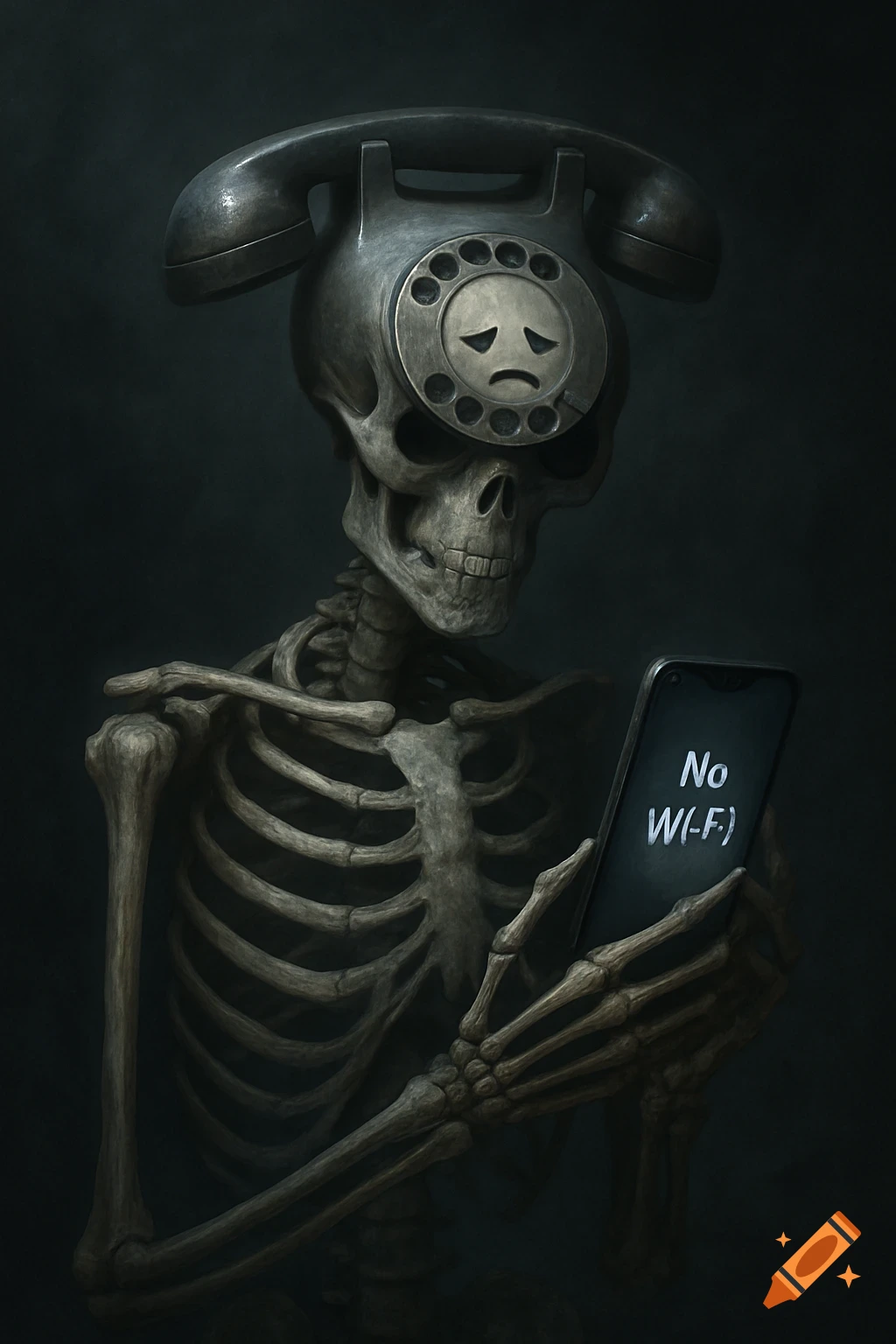 A skeleton with a black rotary phone for a head, featuring a sad face, holds a smartphone displaying "No W(-F)".