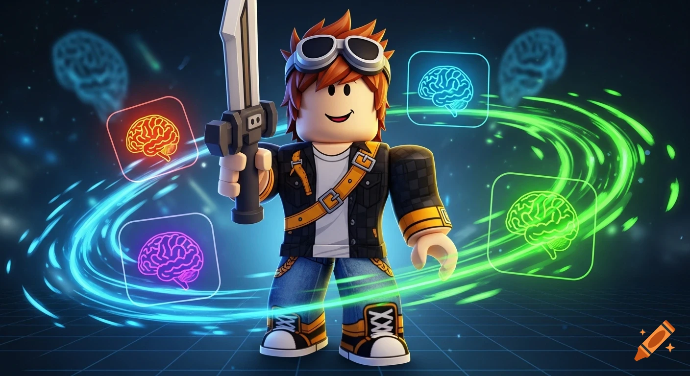 A Roblox character in a black and yellow outfit holds a sword, surrounded by glowing red, green, and purple brain icons against a futuristic blue grid background.
