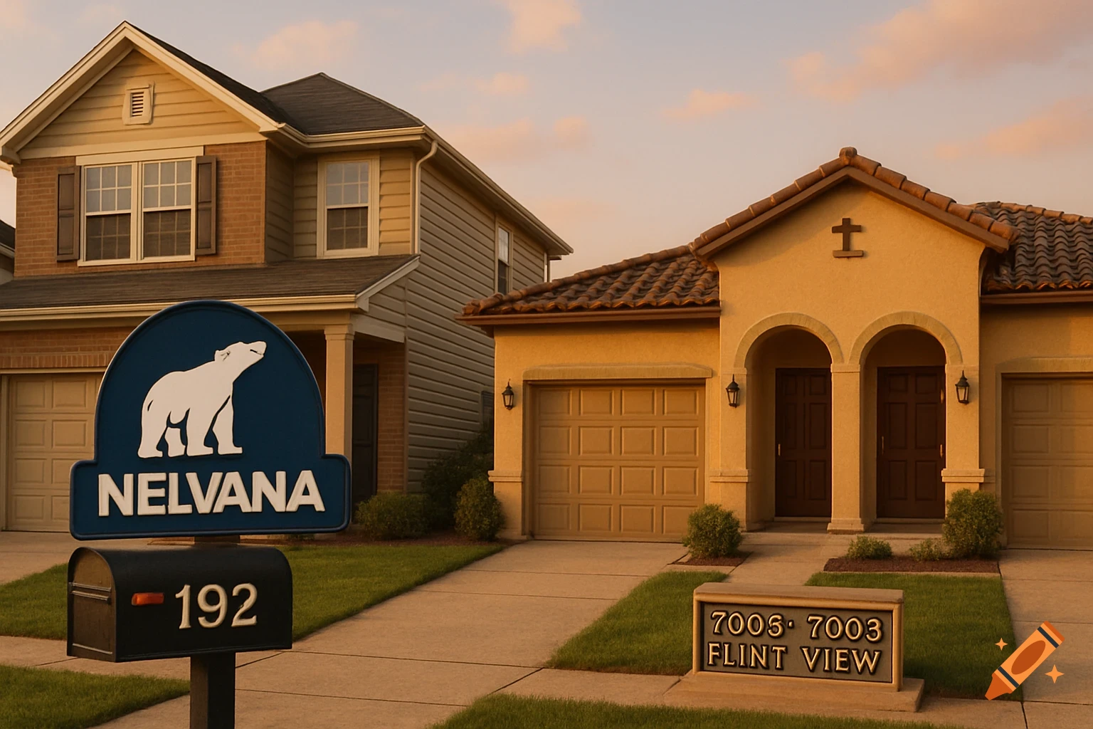 Two suburban houses with manicured lawns at sunset. One house has a 'NELVANA' sign and '192' mailbox, the other has a '7005-7003 FLINT VIEW' sign.
