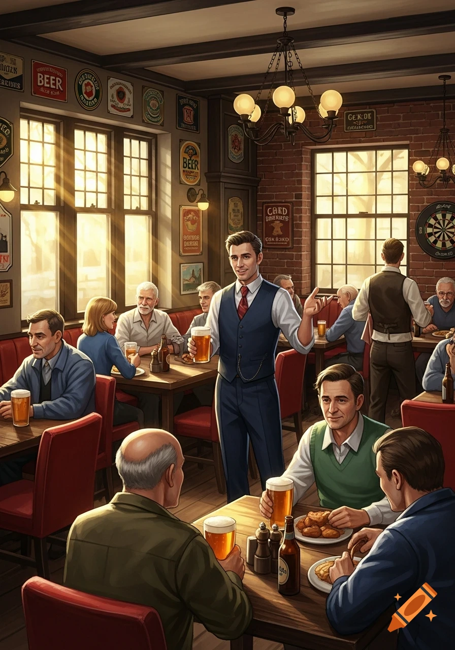 A busy pub scene with people enjoying beer and food at wooden tables, a waiter holding a pint in the center. Sunlight streams through large windows.