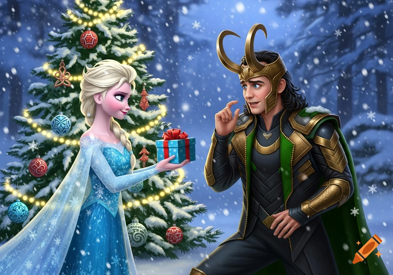 Elsa gives a Christmas gift to a surprised Loki next to a decorated tree in a snowy setting.