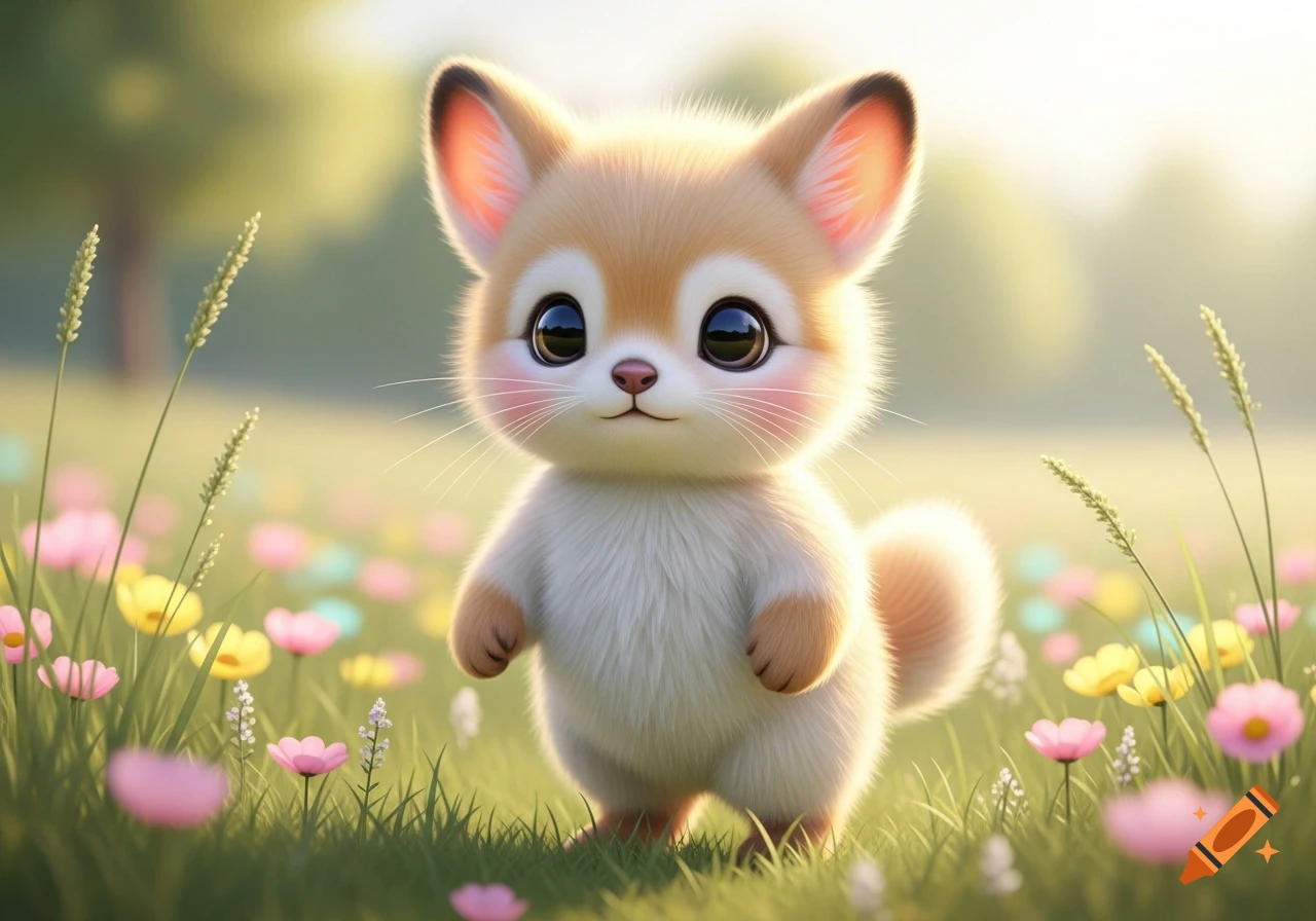 A cute, fluffy, cartoon-style fox-like animal with big eyes stands in a vibrant field of colorful flowers, bathed in soft sunlight.
