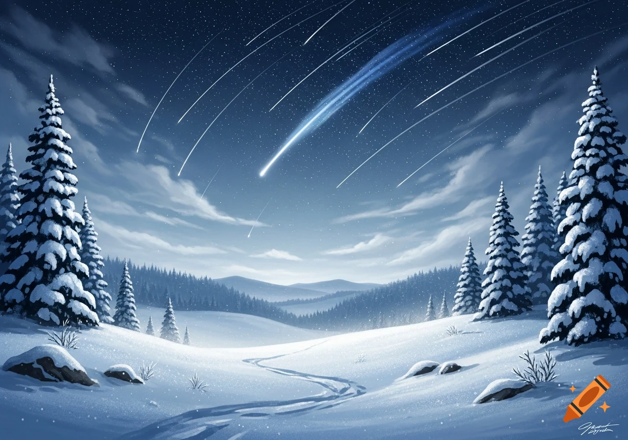 A stylized winter landscape with snow-covered pine trees and rolling hills under a starry night sky with shooting stars.