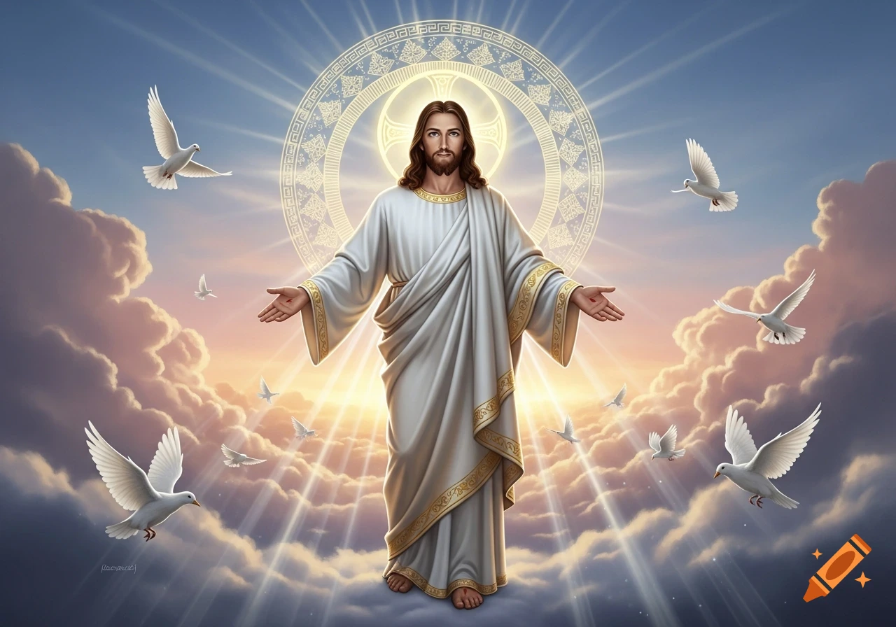 Jesus Christ with long brown hair and a beard, wearing a white robe with gold trim, stands with outstretched arms among glowing clouds and radiant light. White doves fly around him.
