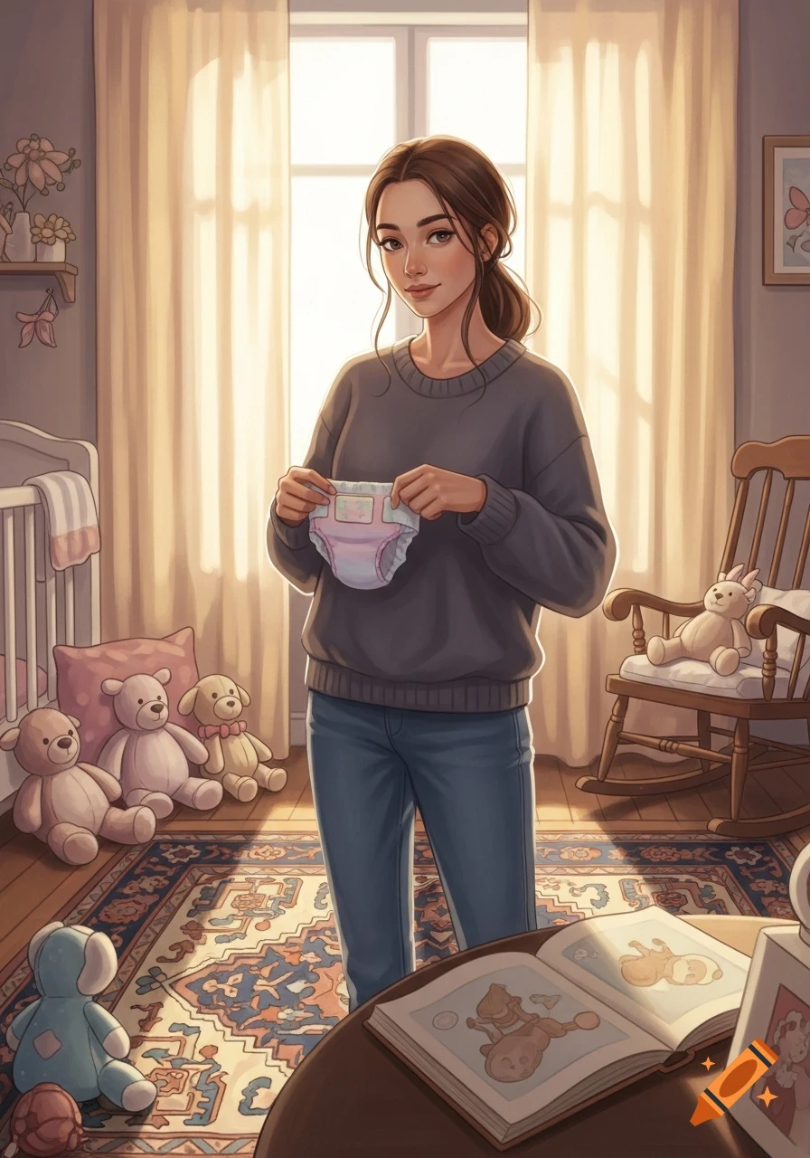 Illustrated young woman holding a diaper in a bright nursery with a crib, rocking chair, and stuffed animals.