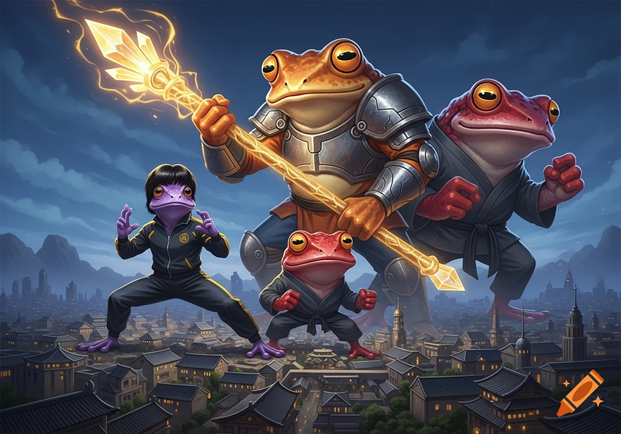 Three anthropomorphic frogs: a purple one in a tracksuit, an armored orange one with a glowing staff, and a red one in a gi, stand over a detailed city.