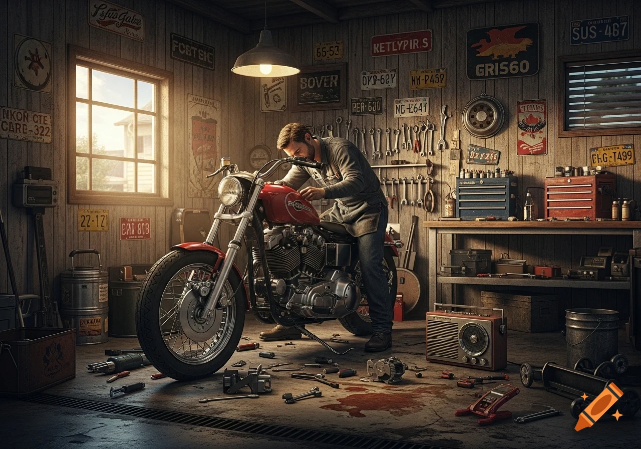 A man working on a red motorcycle in a well-lit, cluttered garage full of tools and signs, photorealistic.